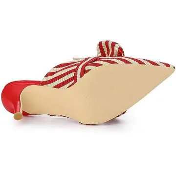 Allegra K Women's Stripe Bow Slip on Stiletto Heel Red Slides Mules 7 M US