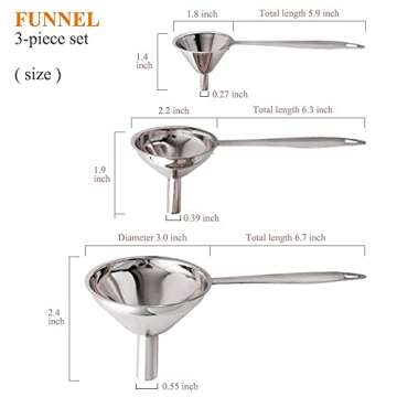3 in 1 Metal Funnels for Filling Bottles Stainless Steel Small Kitchen Funnel Set for Transferring Essential Oils Liquid Fluid Spice Dry Ingredients Powder, Durable and Dishwash Safe