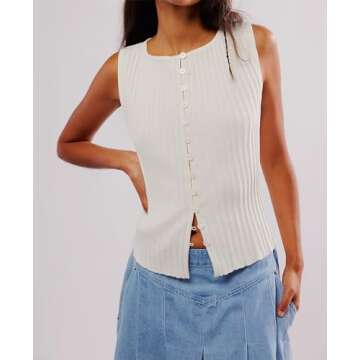 Fuimsul Women Button Down Ribbed Knit Tank Top Summer Slim Fit Sleeveless Round Neck Button Up Tank ...