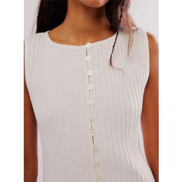 Fuimsul Women Button Down Ribbed Knit Tank Top Summer Slim Fit Sleeveless Round Neck Button Up Tank Vest Streetwear White