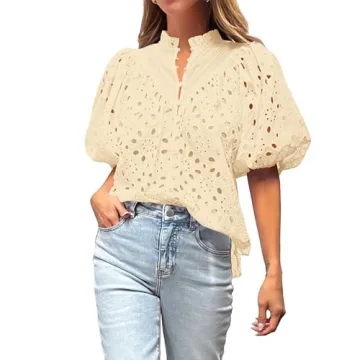 BTFBM Women's Casual Summer Blouse with Eyelet Details
