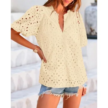 BTFBM Women's Casual Summer Blouse with Eyelet Details