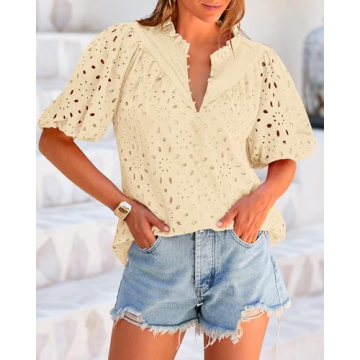 BTFBM Women's Casual Summer Blouse with Eyelet Details