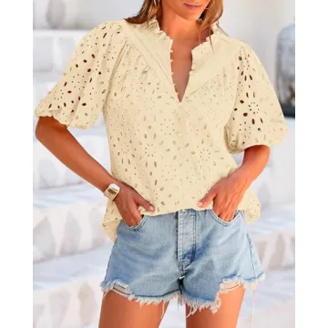 BTFBM Women's Casual Summer Blouse with Eyelet Details