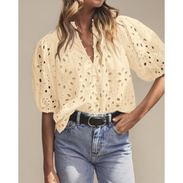BTFBM Women's Casual Summer Blouse with Eyelet Details