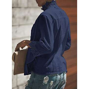 Canikat Womens Autumn Stylish Flowy Lace Crochet 3/4 Sleeve Button Down Mock Neckline Blouses Cute Basic Solid Tops Shirts Blue L