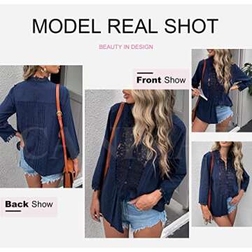Canikat Womens Autumn Stylish Flowy Lace Crochet 3/4 Sleeve Button Down Mock Neckline Blouses Cute Basic Solid Tops Shirts Blue L