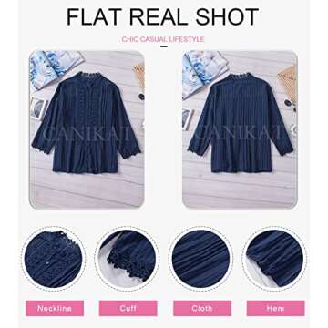 Canikat Womens Autumn Stylish Flowy Lace Crochet 3/4 Sleeve Button Down Mock Neckline Blouses Cute Basic Solid Tops Shirts Blue L