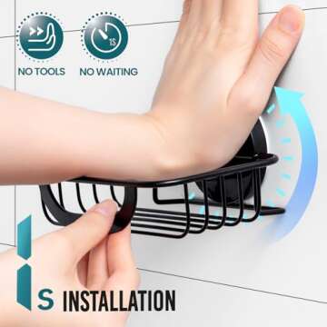 TAILI Soap Holder Dish Suction Cup with Hooks, Soap Saver Tray for Shower Wall, Bathroom, Tub, Rustproof Stainless Steel Sponge Holder for Kitchen, Drill-Free, Bathroom Shower Accessories(Black)