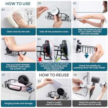 TAILI Soap Holder Dish Suction Cup with Hooks, Soap Saver Tray for Shower Wall, Bathroom, Tub, Rustproof Stainless Steel Sponge Holder for Kitchen, Drill-Free, Bathroom Shower Accessories(Black)