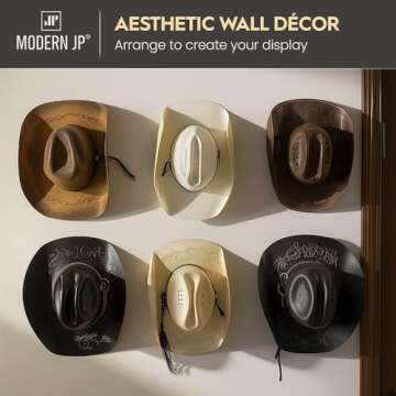 Modern JP Adhesive Hat Hooks for Wall (6-Pack) - Cowboy Hat Rack, Wide Brim Hat Organizer, Strong Ho...