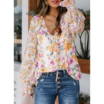 Biucly Womens Casual Floral Print Long Sleeve Boho Blouses Dressy Casual V Neck Button Down Shirt Fl...
