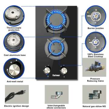 Karinear Gas Cooktop 2 Burner Propane Cooktop, 12 Inch LPG/NG Dual Fuel Gas Stove Top, Built-in Tempered Glass Gas Cooktop for Apartment, Indoor, RV