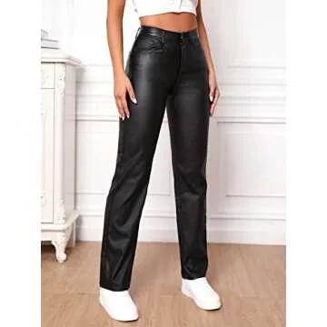 MakeMeChic Women's Faux Leather High Waist Jeans Leather Look Straight Leg Denim Pants Black Tall S