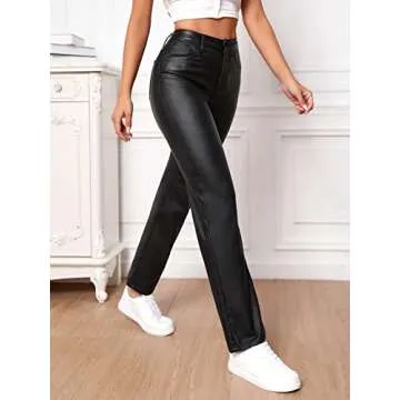MakeMeChic Women's Faux Leather High Waist Jeans Leather Look Straight Leg Denim Pants Black Tall S