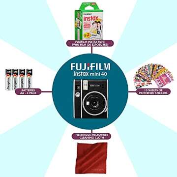 Fujifilm Instax Mini 40 Instant Film Camera with 20x Mini Twin Film, AA Batteries, Battery Charger, Frames, Stickers & Photo Album in Deluxe Accessories Bundle Perfect for Photographers