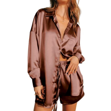 Ekouaer Womens 2 Piece Satin Pajama Set Long Sleeve PJs Sets Button Down Lounge Ssts Soft Sleepwear ...