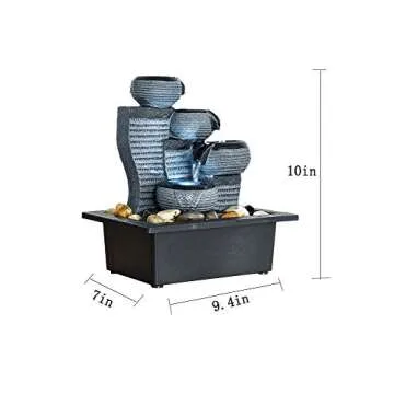 SunJet 4-Tier Desktop Water Fountain Submersible Pump Indoor Decoration – Portable Tabletop Decorative Waterfall Kit - Soothing Relaxation, Zen Meditation Ambient Office Home (10" H-Right) Gray
