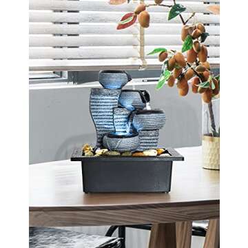 SunJet 4-Tier Desktop Water Fountain Submersible Pump Indoor Decoration – Portable Tabletop Decorative Waterfall Kit - Soothing Relaxation, Zen Meditation Ambient Office Home (10" H-Right) Gray
