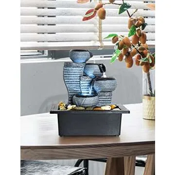 SunJet 4-Tier Desktop Water Fountain Submersible Pump Indoor Decoration – Portable Tabletop Decorative Waterfall Kit - Soothing Relaxation, Zen Meditation Ambient Office Home (10" H-Right) Gray
