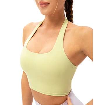 Lavento Women's Halter Sports Bra Longline Padded Yoga Crop Bras Top (Summer Lime - Pleated Back, 2)