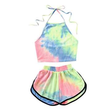 SweatyRocks Women's 2 Piece Set Halter Crop Top and Shorts Set Tie Dye M