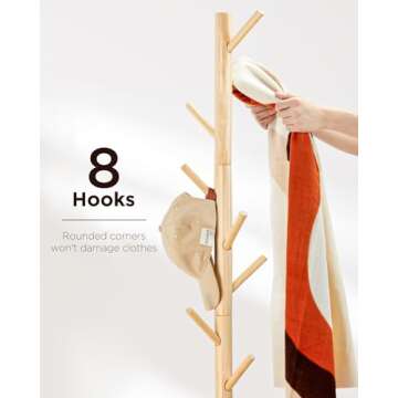 AMADA HOMEFURNISHING Coat Rack Stand, Wooden Coat Rack Freestanding with 8 Hooks, Coat Tree with 3 Height Configurations for Entryway, Hallway, Bedroom, Office, AMWCR01N