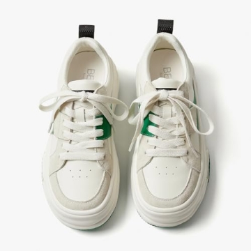 BEAU TODAY Womens Platform Sneakers, Leather Fashion Sneakers for Women Lace Up Comfortable Cute Tennis Shoes Casual Walking Shoes Beige Green US 7.5