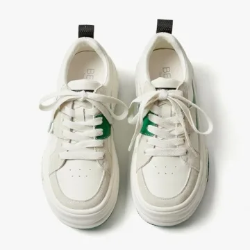 BEAU TODAY Womens Platform Sneakers, Leather Fashion Sneakers for Women Lace Up Comfortable Cute Tennis Shoes Casual Walking Shoes Beige Green US 7.5
