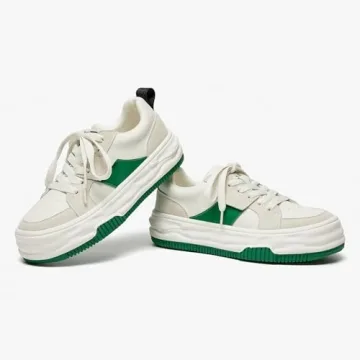 BEAU TODAY Womens Platform Sneakers, Leather Fashion Sneakers for Women Lace Up Comfortable Cute Tennis Shoes Casual Walking Shoes Beige Green US 7.5