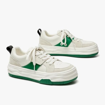 BEAU TODAY Womens Platform Sneakers, Leather Fashion Sneakers for Women Lace Up Comfortable Cute Tennis Shoes Casual Walking Shoes Beige Green US 7.5