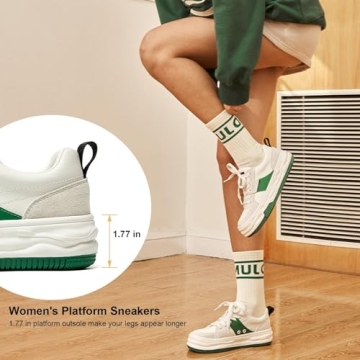 BEAU TODAY Womens Platform Sneakers, Leather Fashion Sneakers for Women Lace Up Comfortable Cute Tennis Shoes Casual Walking Shoes Beige Green US 7.5