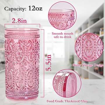 6 Pack Pink Glassware Drinking, 12oz Highball Embossed Beverage Glass Cup, Vintage Drinking Glasses,...