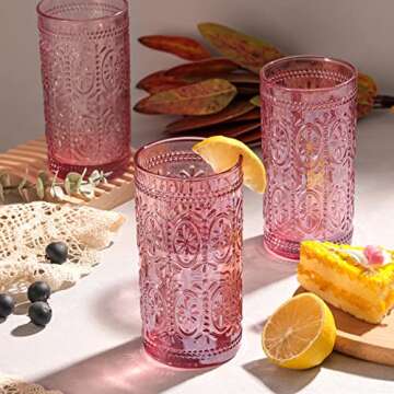 6 Pack Pink Glassware Drinking, 12oz Highball Embossed Beverage Glass Cup, Vintage Drinking Glasses, Colored Water Glasses for Party Wedding Home Office and Gift