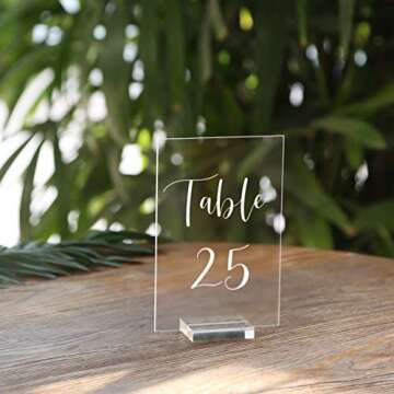 UNIQOOO Acrylic Wedding Table Numbers 21-25 with Stands | 4x6 inch Printed Calligraphy, Clear Table Number Signs and holders | Perfect for Wedding Reception, Centerpiece Decoration, Event, Party