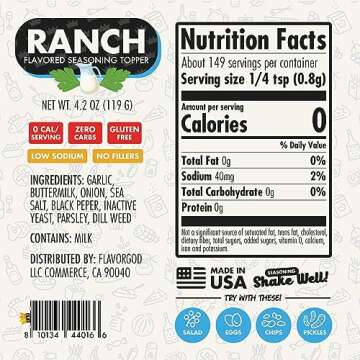 Ranch Seasoning by Flavor God, Sugar Free Ranch Substitute Low Sodium Seasoning, Gluten-Free Dry Ran...