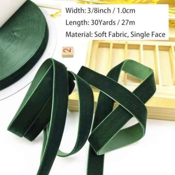 GHAMYEE Christmas Green Velvet Ribbon, 3/8 Inch x 30 Yard Vintage Single Face Spool Satin Velvet Rib...