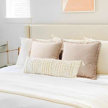 ZWJD Farmhouse Pillow Covers 24x24 Set of 2 Modern Accent Decorative Throw Pillows for Couch Chic Cotton Square Rustic Pillow Covers with Fringe for Bed Living Room Home Decor,Khaki