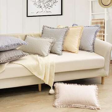 ZWJD Farmhouse Pillow Covers 24x24 Set of 2 Modern Accent Decorative Throw Pillows for Couch Chic Cotton Square Rustic Pillow Covers with Fringe for Bed Living Room Home Decor,Khaki