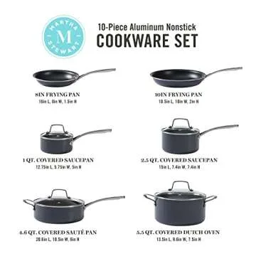 Martha Stewart Lockton Nonstick 10-Piece Cookware Set - Premium Heavy Gauge Aluminum - Grey