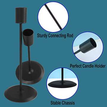 Black Candle Holders Set of 2, Decorative Taper Candles for Candlesticks, Pillar Table Candle Stand ...