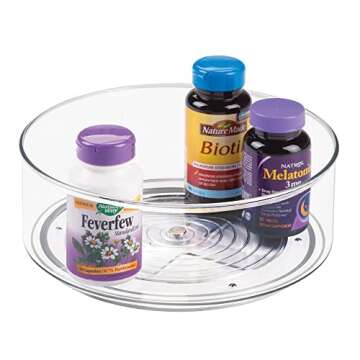 mDesign Deep Plastic Spinning Lazy Susan Turntable Storage Bin - Rotating Organizer for Vitamins, Supplements, Serums, Essential Oils, Medical Supplies, First Aid Supplies - 9" Round - Clear