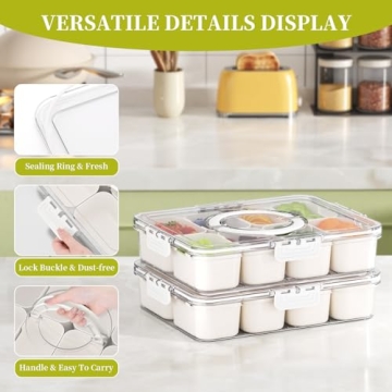 Snackle Box Container - Divided Serving Tray with Lid and Handle - Veggie Fruit Snack Tray - Snackle Box Charcuterie Container - Clear Organizer for Food, Snacks, Candy, Fruit for Travel Party Picnic