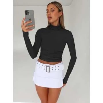 Trendy Queen Women's Long Sleeve Turtleneck Crop Tops - Stylish Y2K Tee, Perfect for Fall