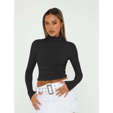 Trendy Queen Womens Long Sleeve Turtleneck Crop Tops Turtle Neck Shirts Basic Going Out Y2K Tee Fall Fashion Clothes Black XS