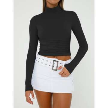 Trendy Queen Womens Long Sleeve Turtleneck Crop Tops Turtle Neck Shirts Basic Going Out Y2K Tee Fall Fashion Clothes Black XS