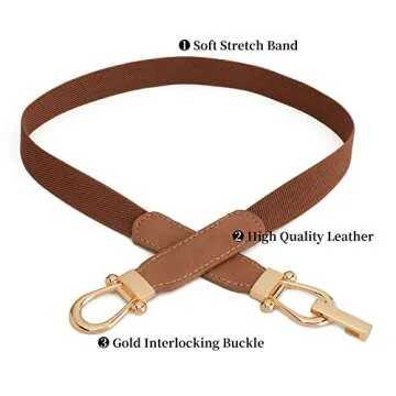 JASGOOD Women Skinny Elastic Belt for Dresses,Thin Retro Stretch Waist Belt with Golden Buckle 2 Pack,Black+Brown,Fit waist size 41-45 inch