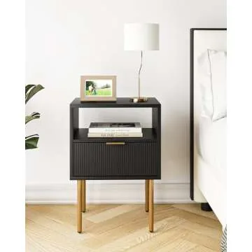 Aobafuir Night Stand, Modern Nightstand with Drawers, End Tables Living Room, Small Gold Side Table for Bedroom, Bedside Furniture (02-Black Stripe, 1 Drawer)