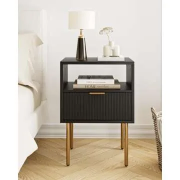 Aobafuir Night Stand, Modern Nightstand with Drawers, End Tables Living Room, Small Gold Side Table for Bedroom, Bedside Furniture (02-Black Stripe, 1 Drawer)