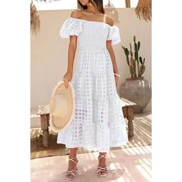 PRETTYGARDEN Women's Casual Summer Dress Puffy Short Sleeve Square Neck Smocked Tiered A Line Maxi Long Dresses (Plaid Beige White,Large)